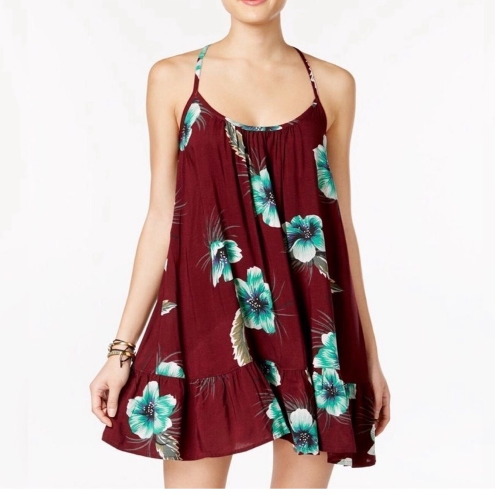 Volcom Women's Maroon and Blue Floral Sleeveless Swing Dress Size Small